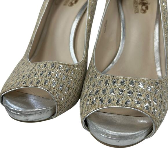 Coach And Four Gold Silver Sequin Sparkle Open Toe Heels Womens 8 AS IS - Picture 5 of 10